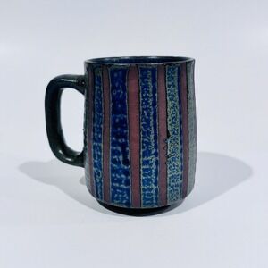 Vintage Pottery Stoneware Coffee Mug Cup Blue Green W Vertical Brown Stripes EUC